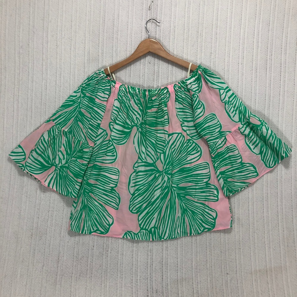Lilly Pulitzer Pink Green Palm Leaf Off The Shoulder Bell Sleeve Blouse Small - Picture 3 of 8